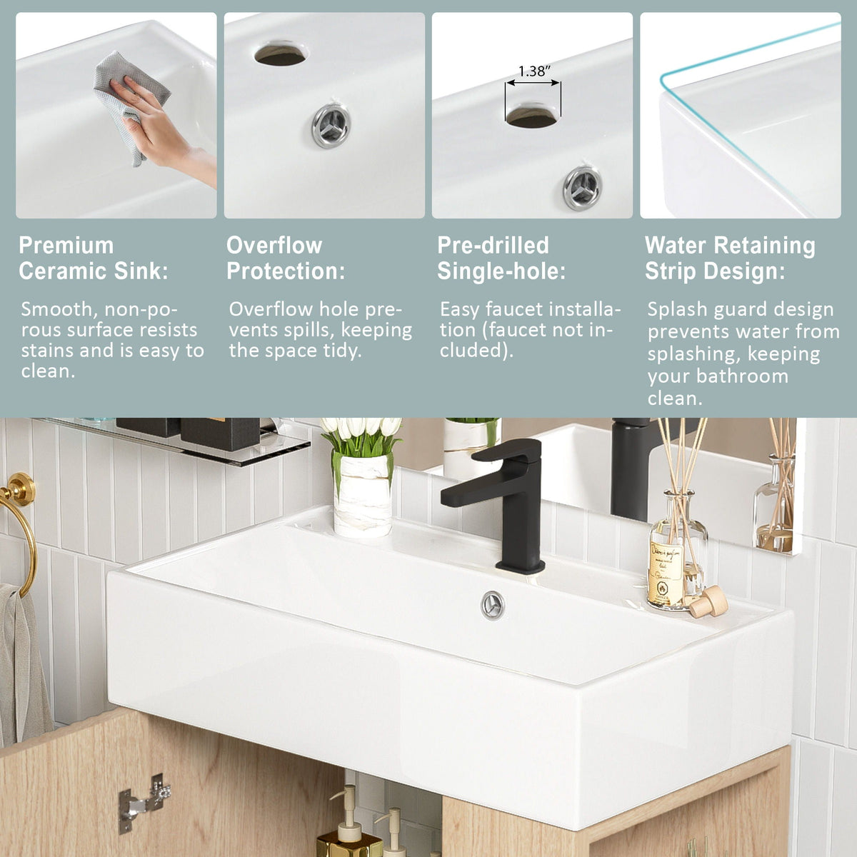 Bathroom Vanity with Single Ceramic Sink and Side Storage - Multiple Colors