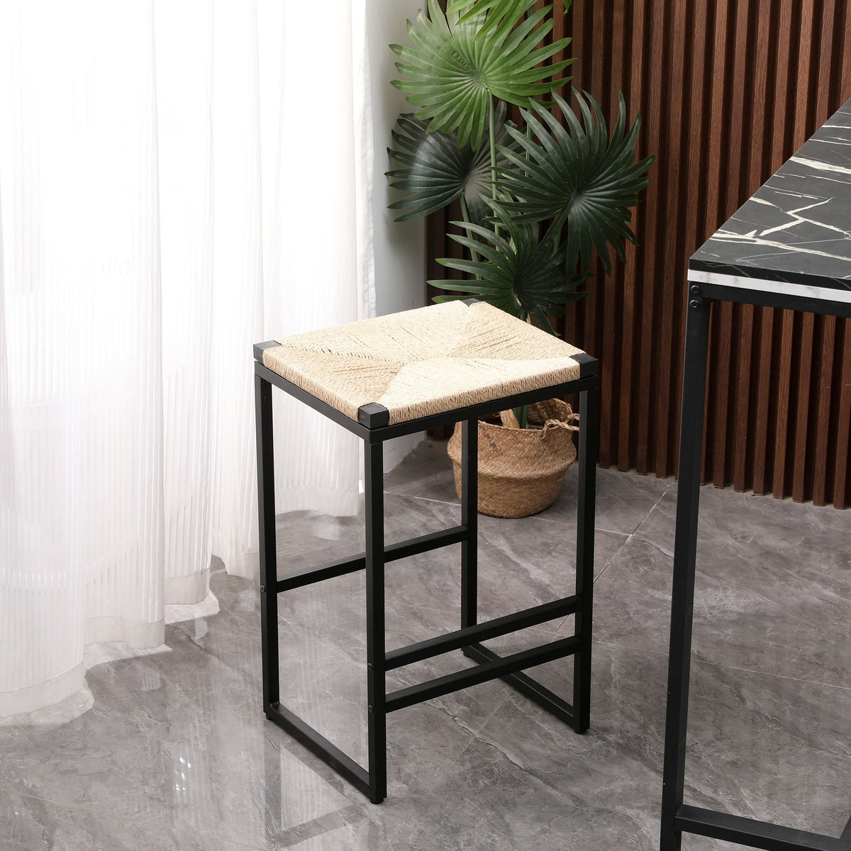 Boho Style Backless Bar Stools with Paper Rope Seat - Light Brown (Set of 2)