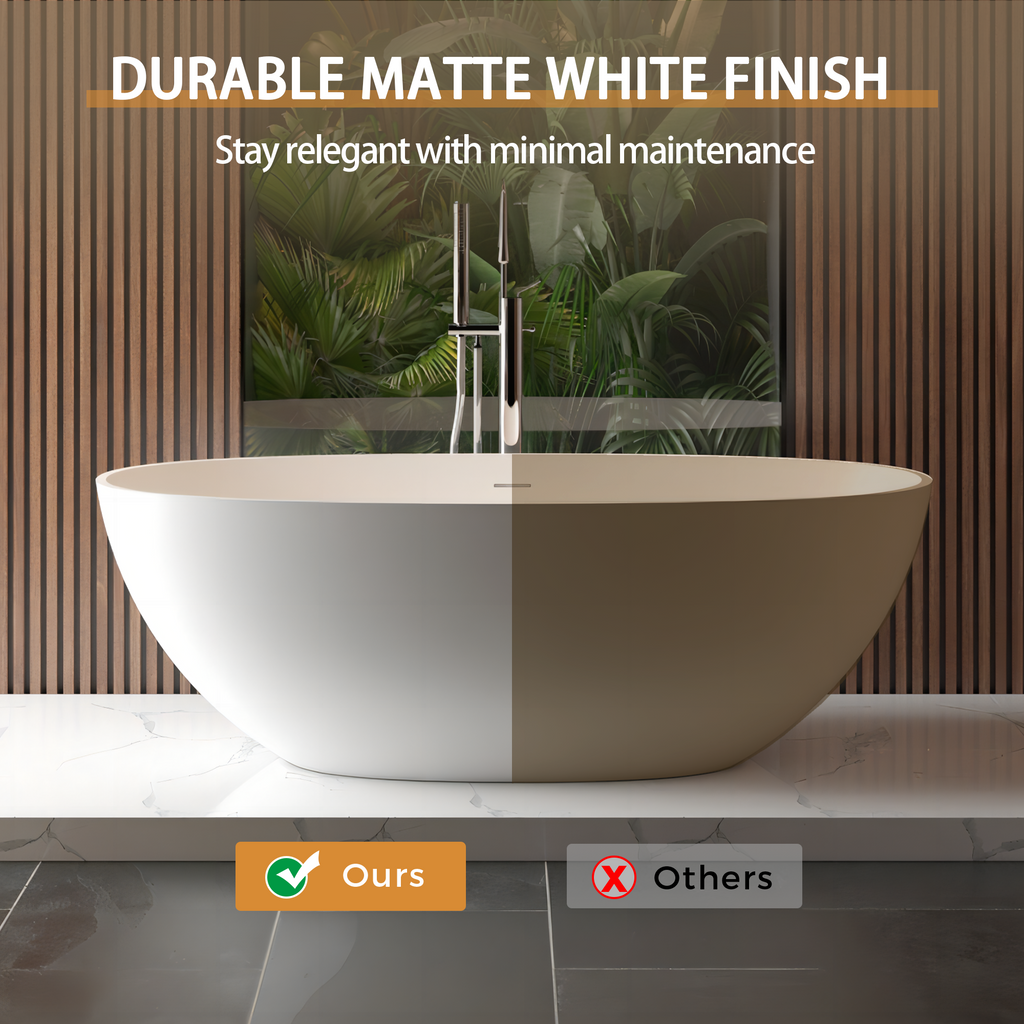 65" Freestanding Solid Surface Bathtub with Pop-Up Drain - Matte White