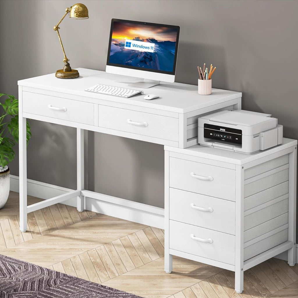 Computer Desk with Reversible 5 Drawer Storage - White or Light Brown