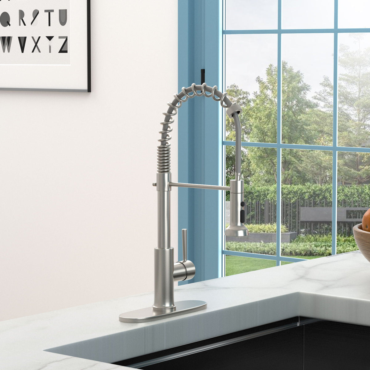 21" Commercial Kitchen Faucet with Dual Function Pull Down Sprayhead - Brushed Nickel