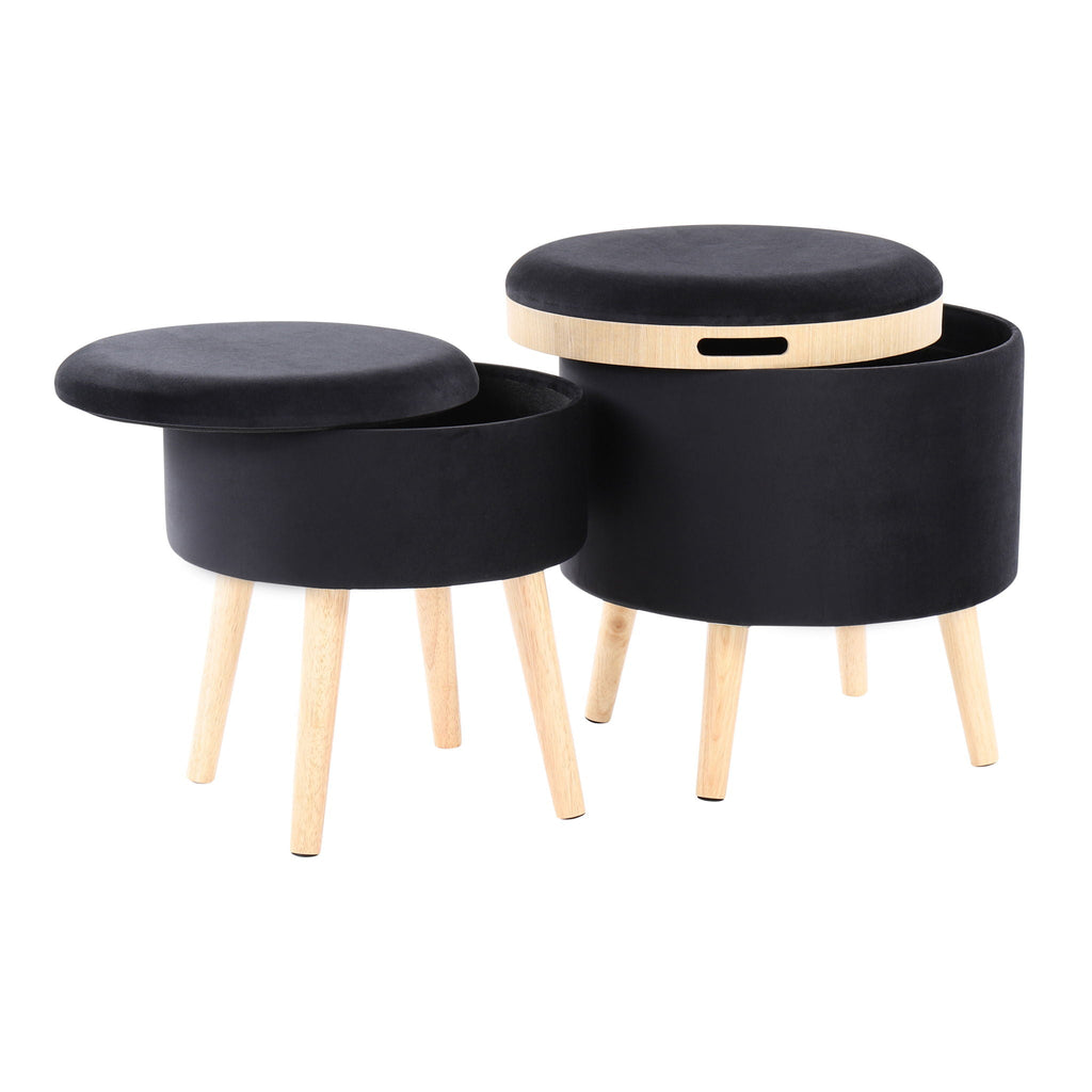 Contemporary Storage Ottoman with Matching Stool - Black / Natural