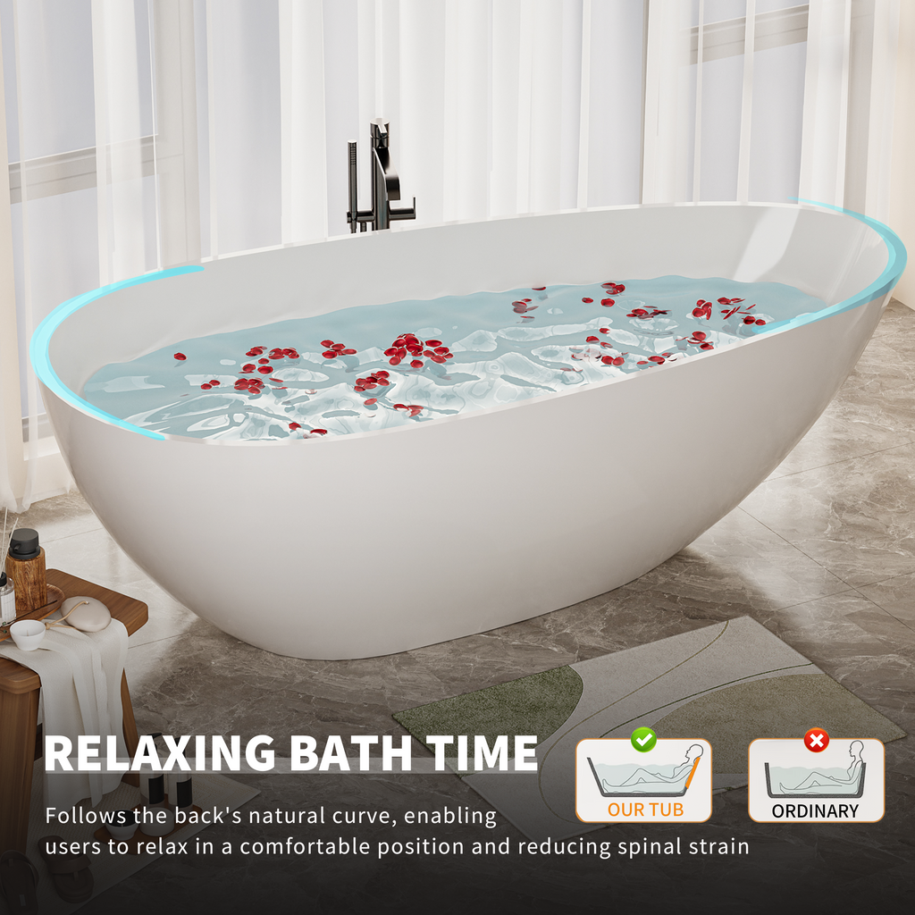 59" Freestanding Solid Surface Bathtub with Overflow Drain - Glossy White