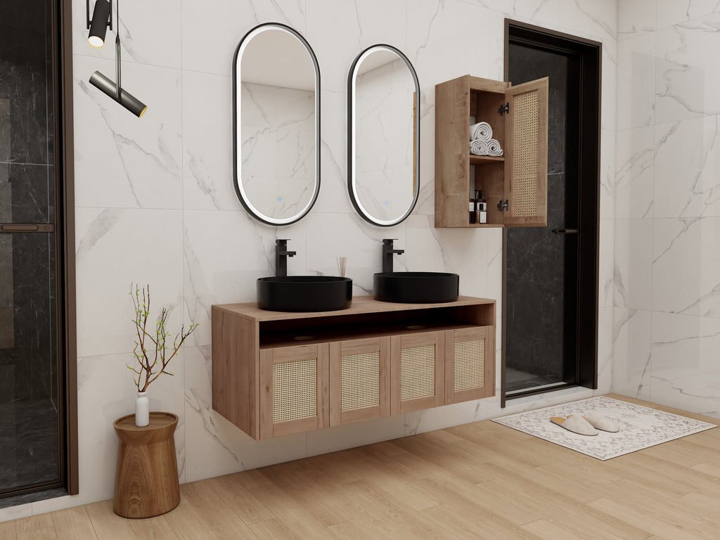 48" Bathroom Vanity with Ceramic Art Sink and Side Cabinet - Imitative Oak