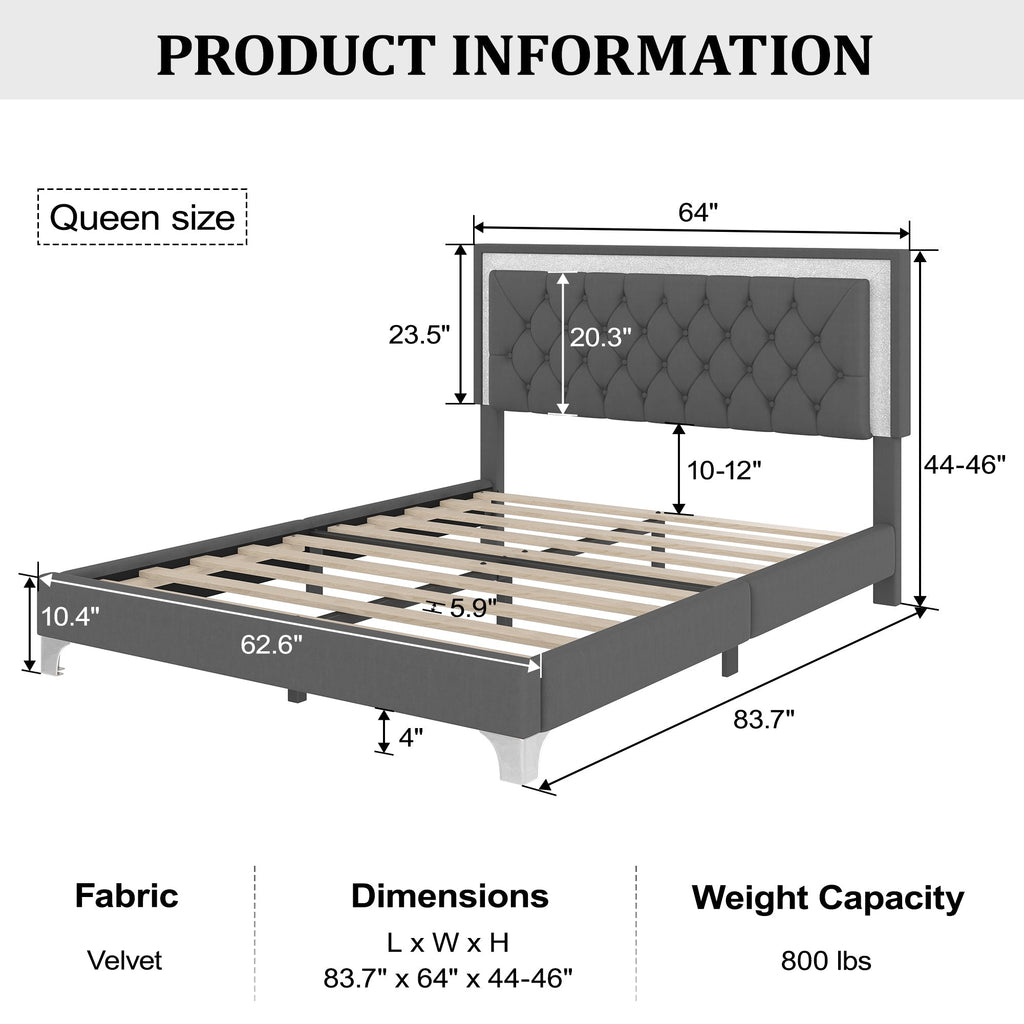 Queen Upholstered Platform Bed with LED Lights - 3-Piece Set, Gray