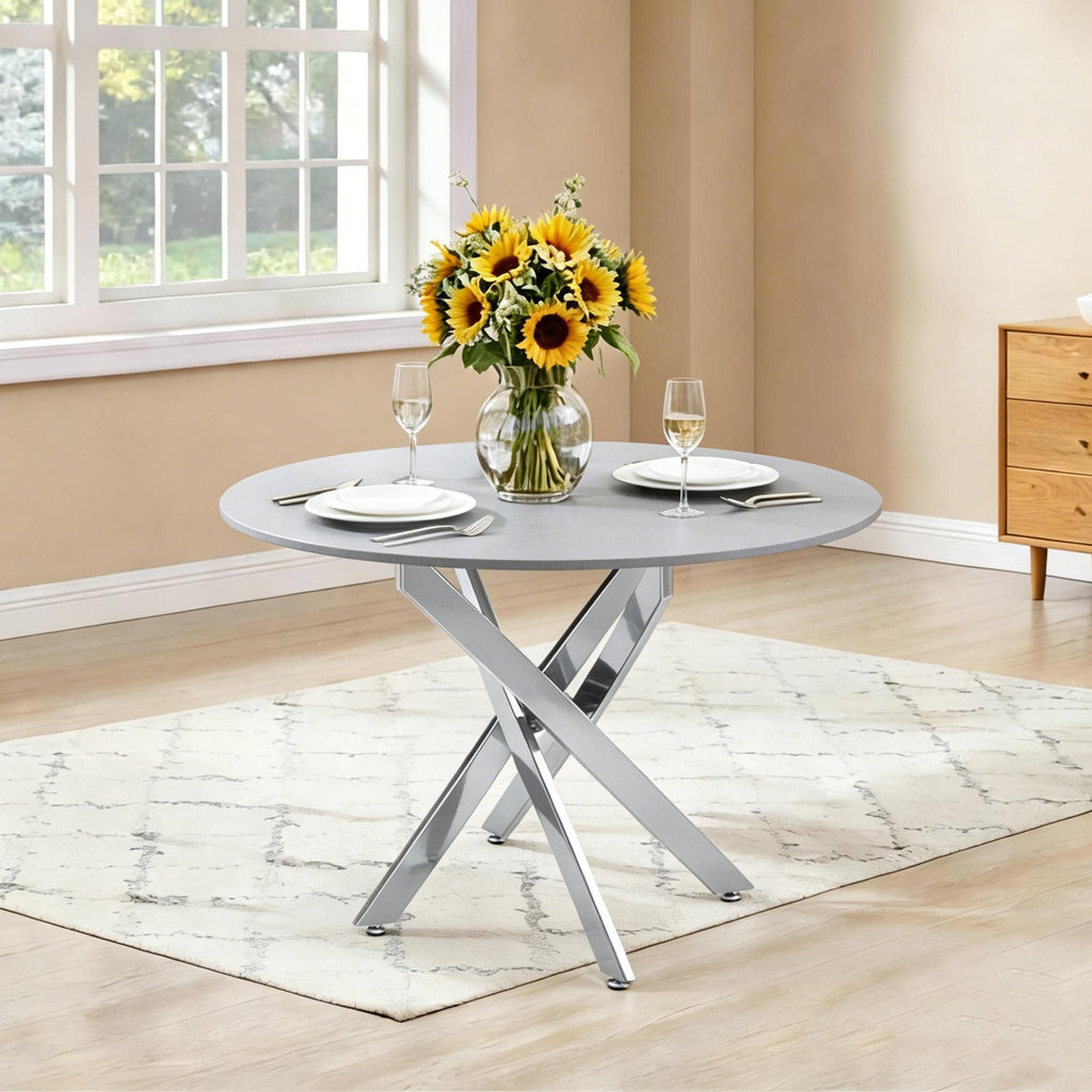 Modern Round Dining Table with Metal Frame - Pearl Silver, Gold, or White