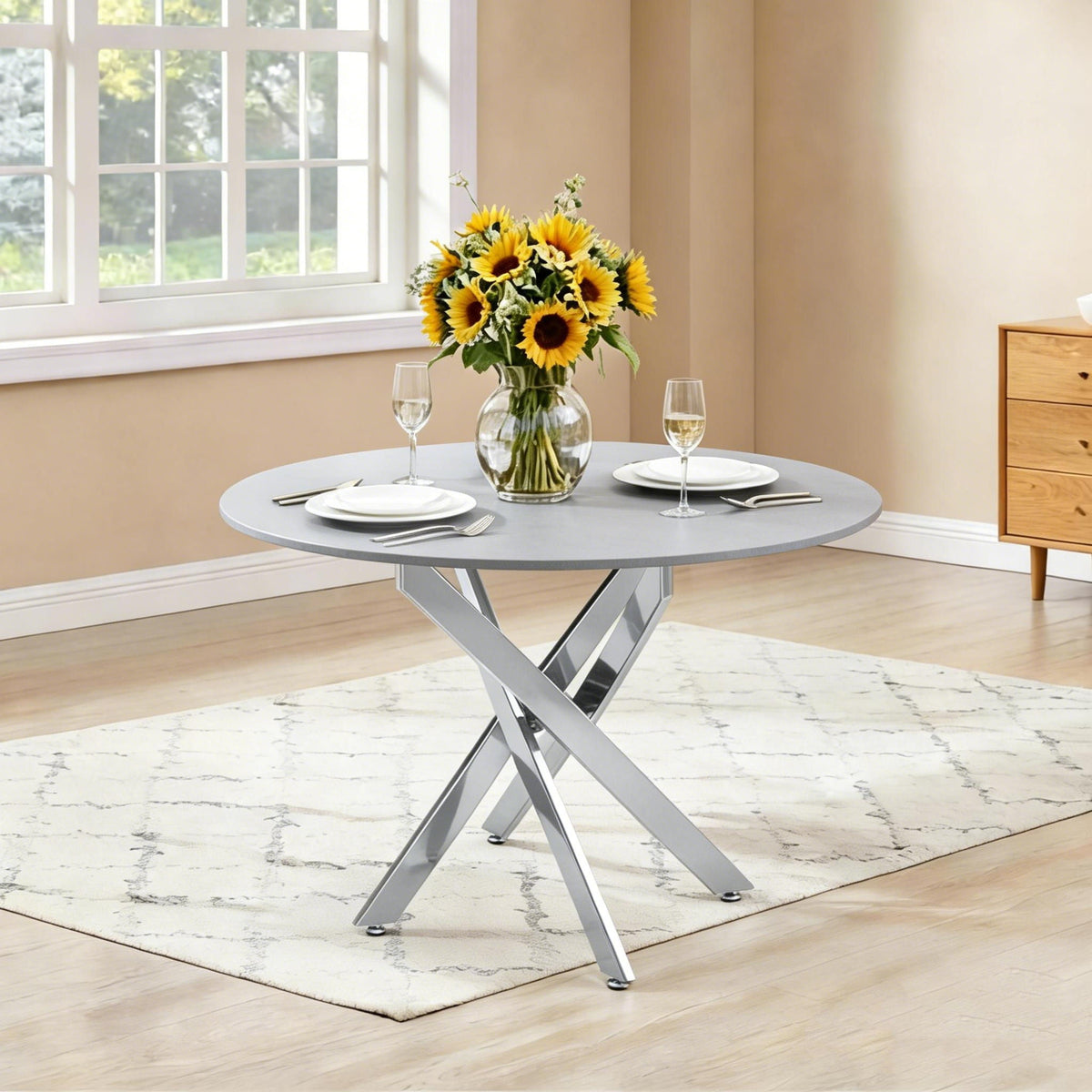 Modern Round Dining Table with Metal Frame - Pearl Silver, Gold, or White