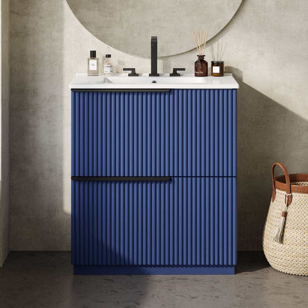 Fluted Bathroom Vanity with Ceramic Sink and Moisture-Proof Cabinet - 30" Wide