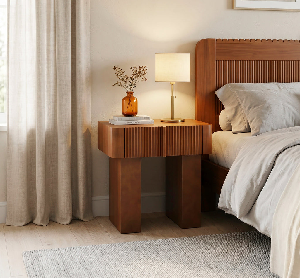 Wood End Table with Drawer with Fluted Front - Walnut