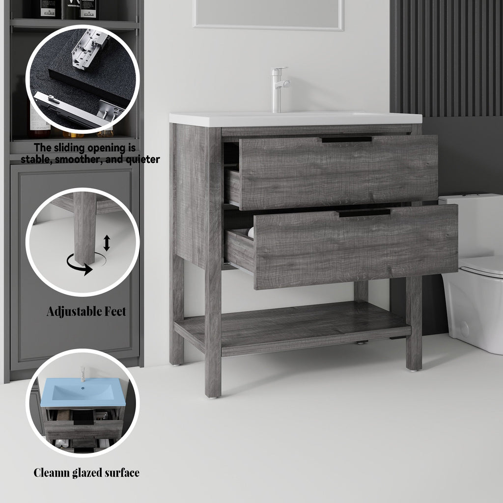 36 Inch Freestanding Bathroom Vanity with Ceramic Sink and Soft-Close Drawer - Grey