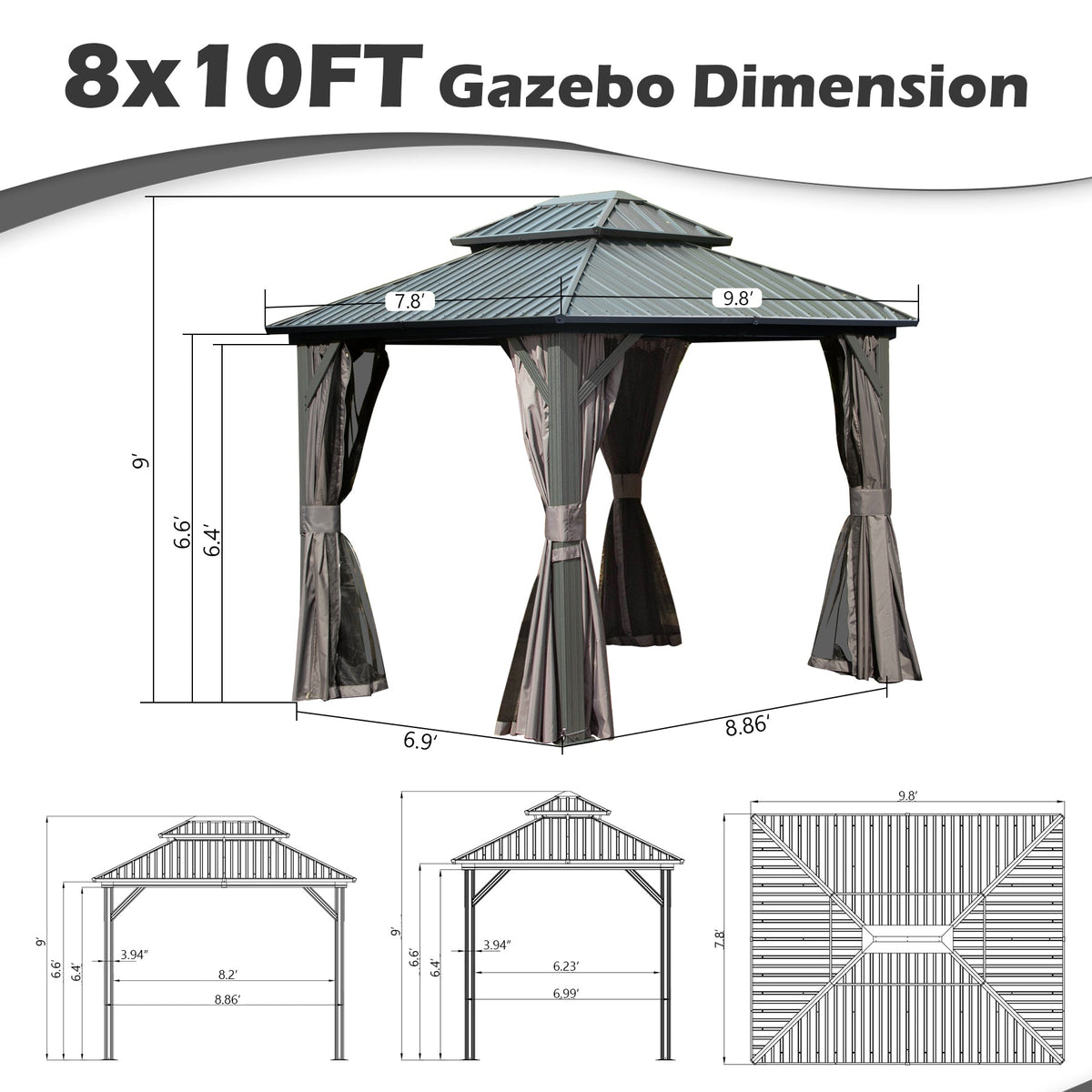 8' x 10' Hardtop Gazebo with Curtains & Netting - Metal, Double Roof