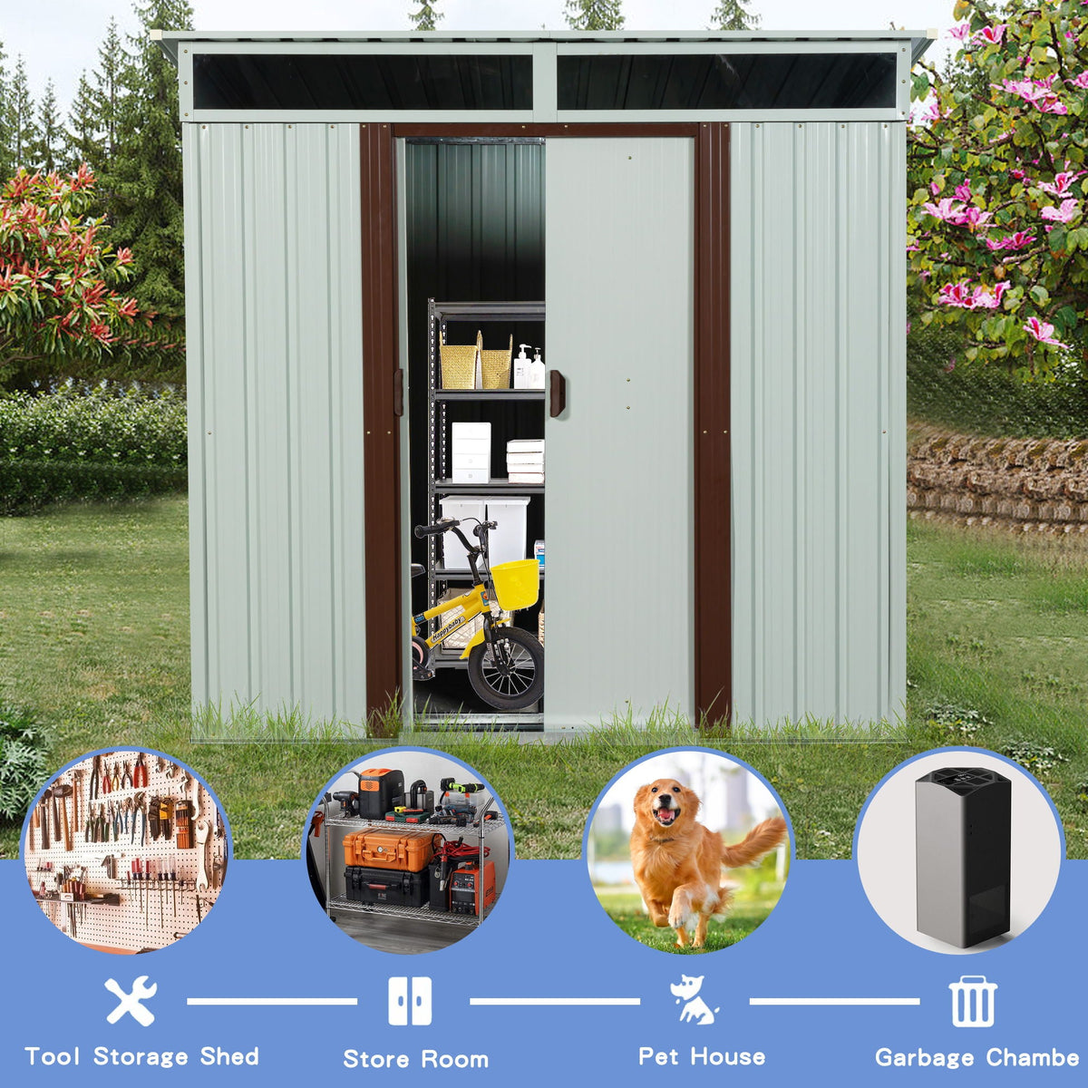 Outdoor Storage Shed with Galvanized Steel Construction - Gray or White