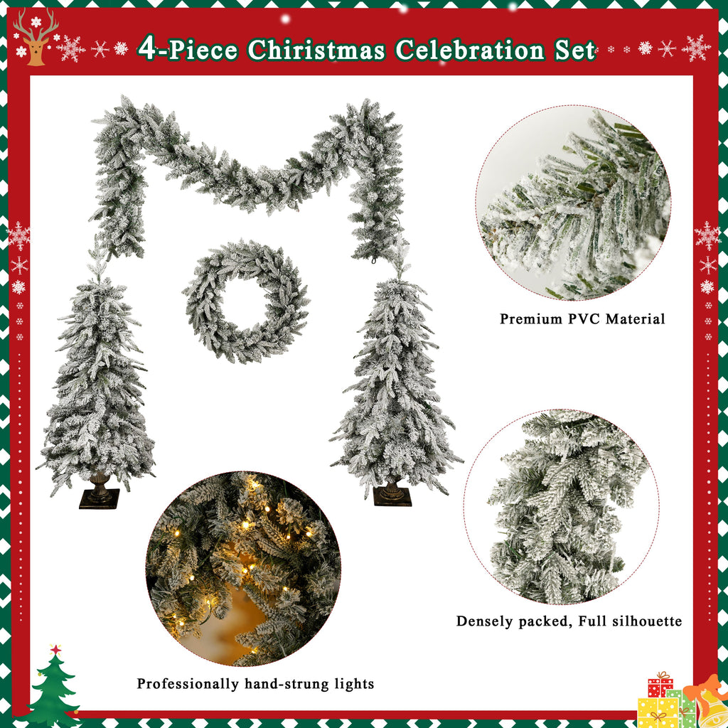 Pre-Lit Artificial Christmas Tree Set with LED Lights - 4-Piece PVC