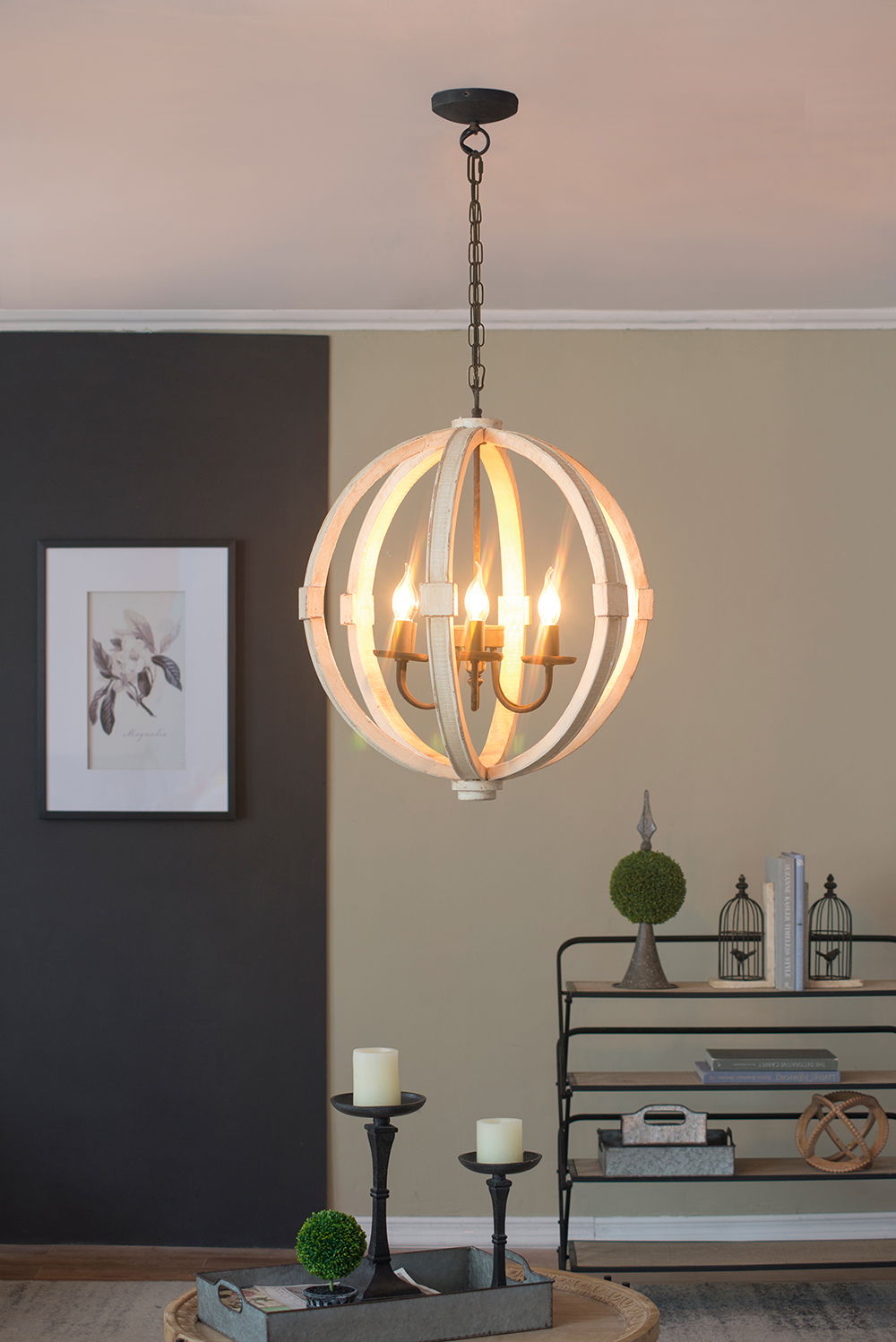 Hanging Light Fixture Chandelier with Adjustable Chain - Light Brown or White