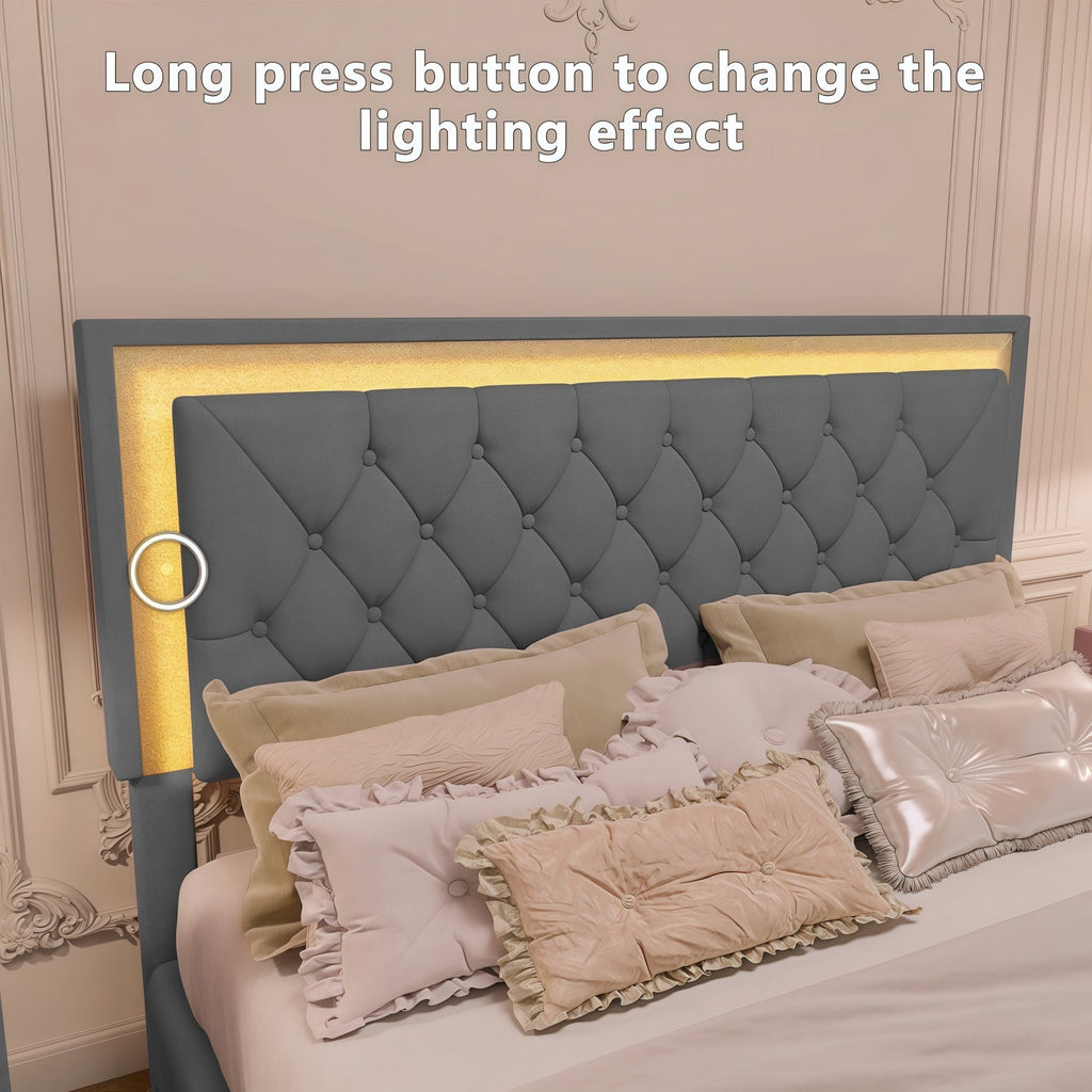 Queen Upholstered Platform Bed with LED Lights - 3-Piece Set, Gray