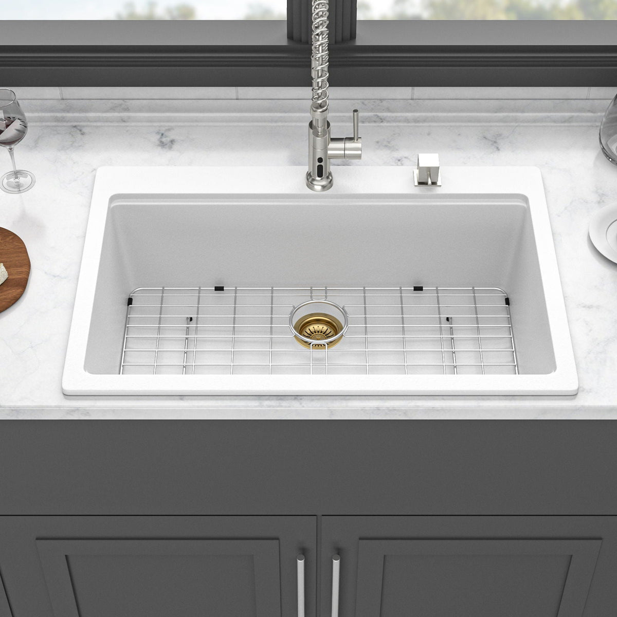 Granite Composite Quartz Kitchen Sink with Workstation - Drop In - Black or White