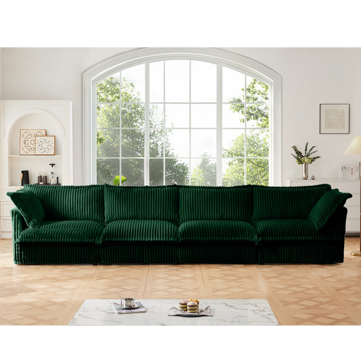 Slipcovered Long Sofa - 4 Seater Living Room Couch with Removable Covers - Green or Cream