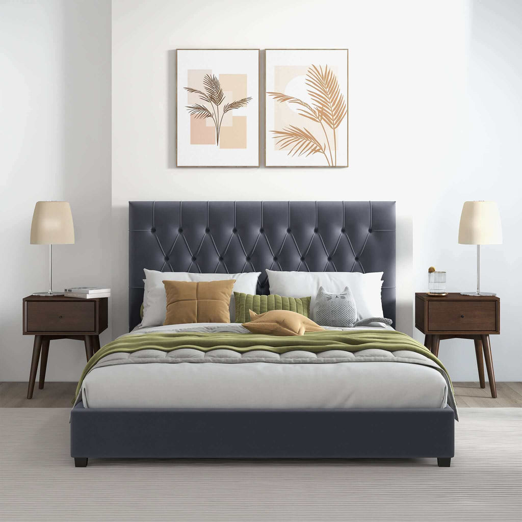 Dark Gray Mid-Century Modern Upholstered Platform Bed with Foam Headboard