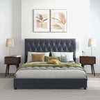 Dark Gray Mid-Century Modern Upholstered Platform Bed with Foam Headboard