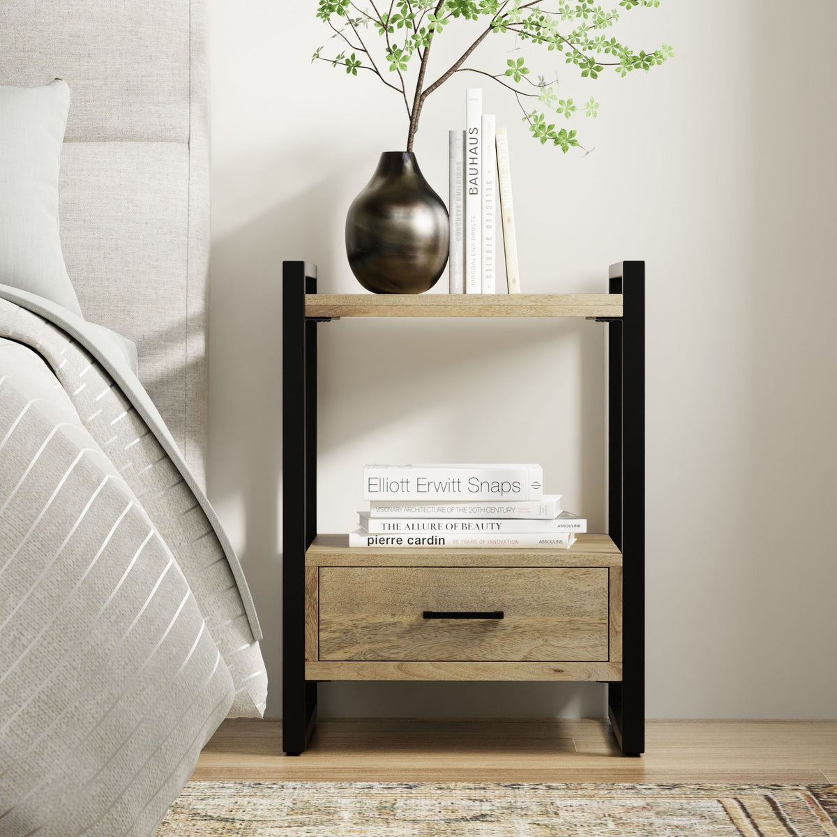 Natural Bedside Table with Drawer and Open Storage - Natural