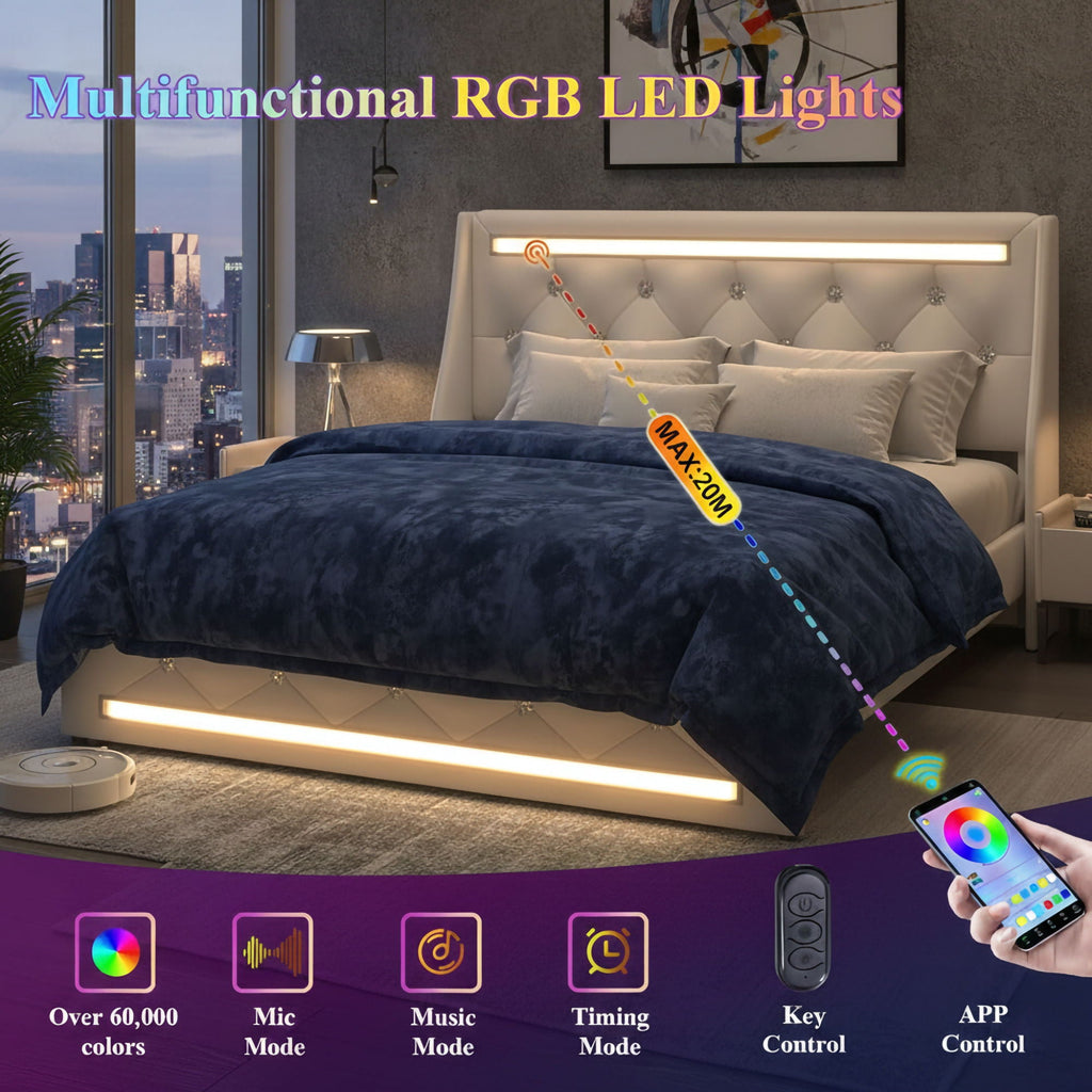 Wingback Upholstered Bed Frame with LED Lights and Charging Station - Black or White