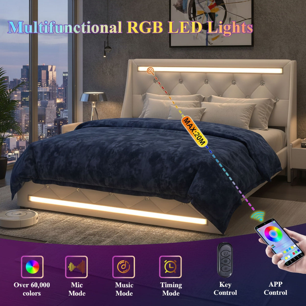 Wingback Upholstered Bed Frame with LED Lights and Charging Station - Black or White