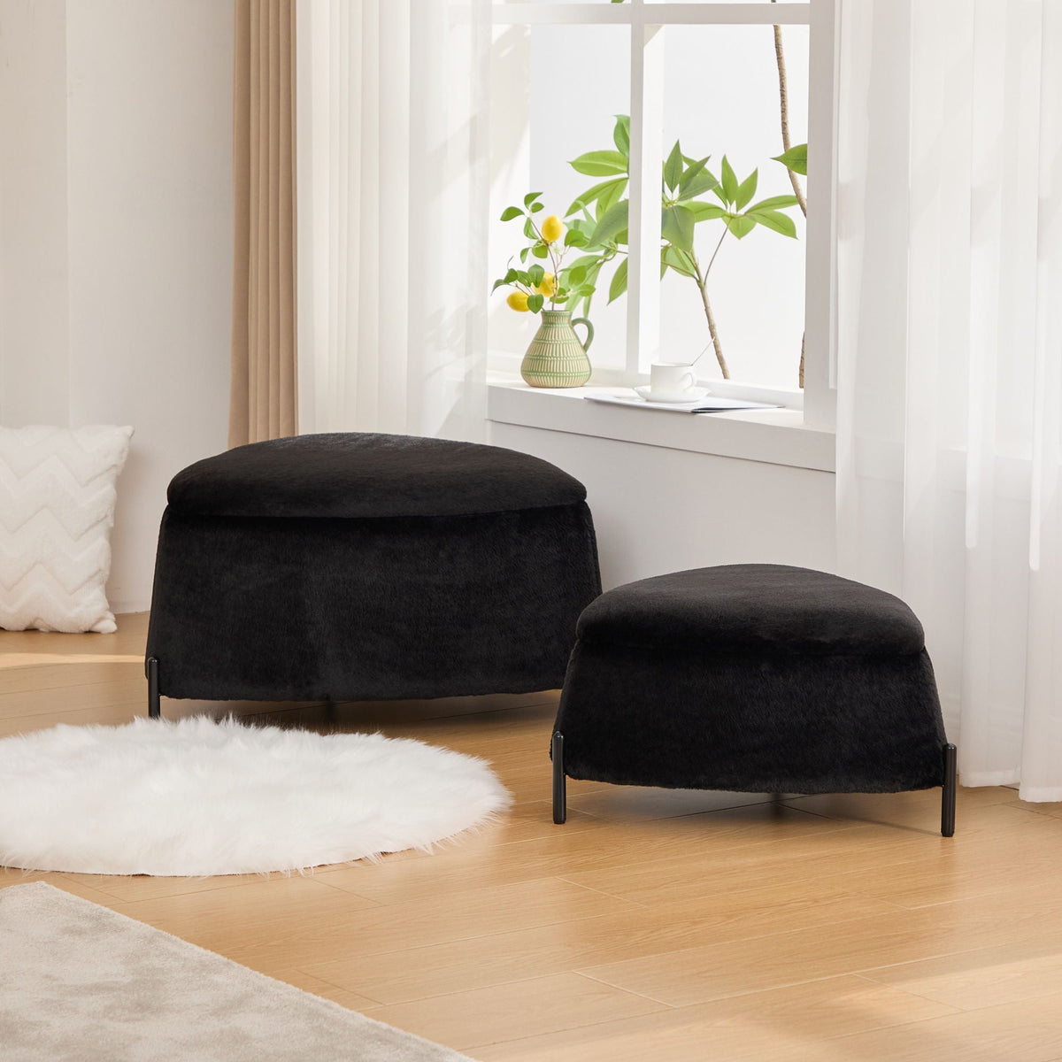 Upholstered Storage Ottoman Set with Reversible Lid - Fabric (Beige, Light Brown, Black)
