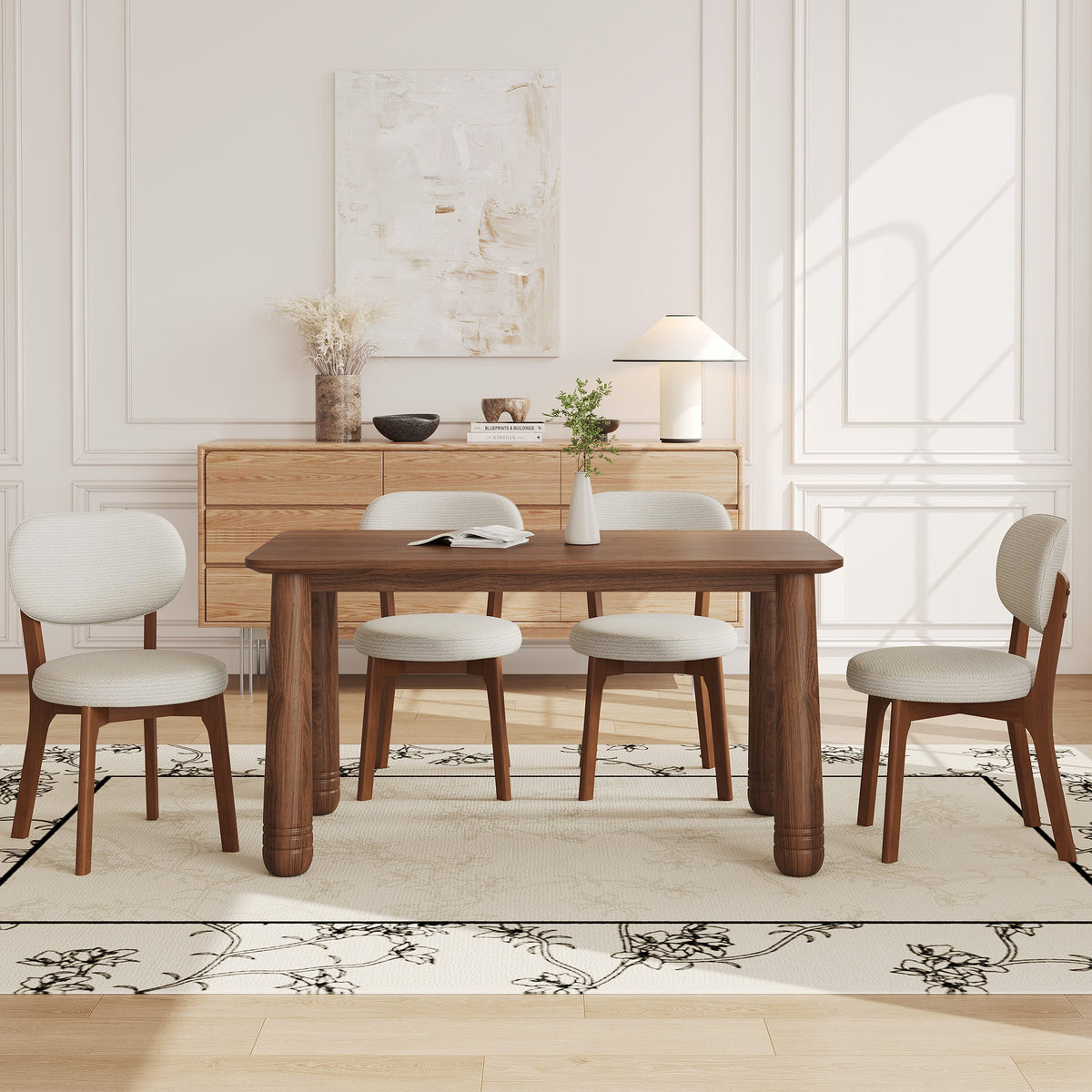 63-Inch Walnut-Finish Dining Set with 4 Upholstered Chairs
