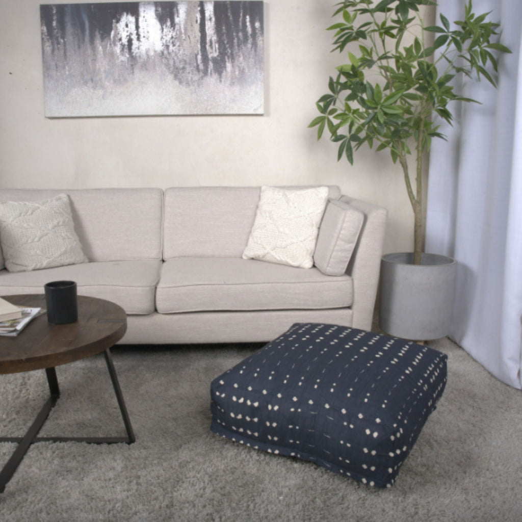 Fabric Square Pouf Ottoman with Polystyrene Beads - Dark Blue / White