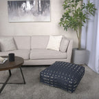 Fabric Square Pouf Ottoman with Polystyrene Beads - Dark Blue / White