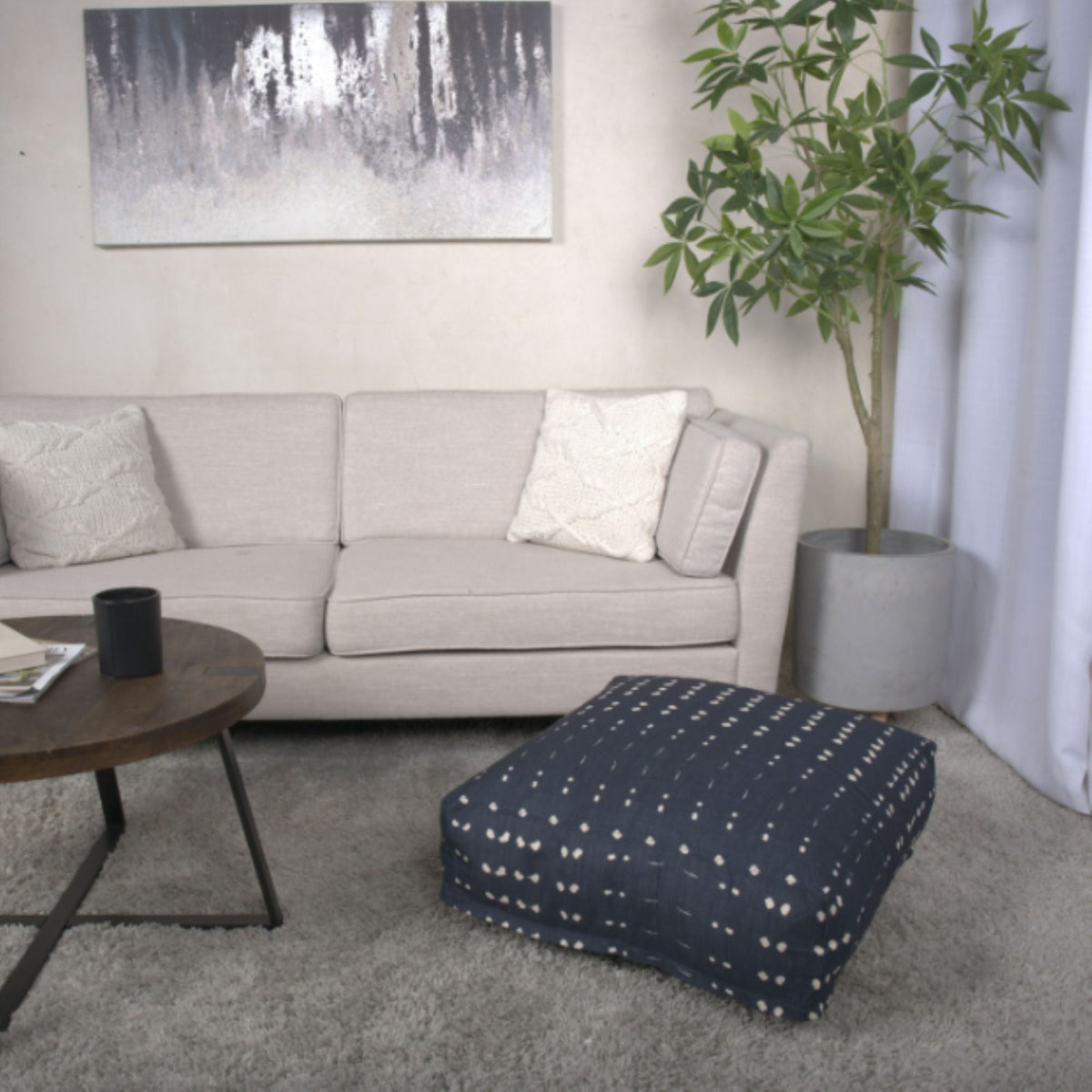 Fabric Square Pouf Ottoman with Polystyrene Beads - Dark Blue / White