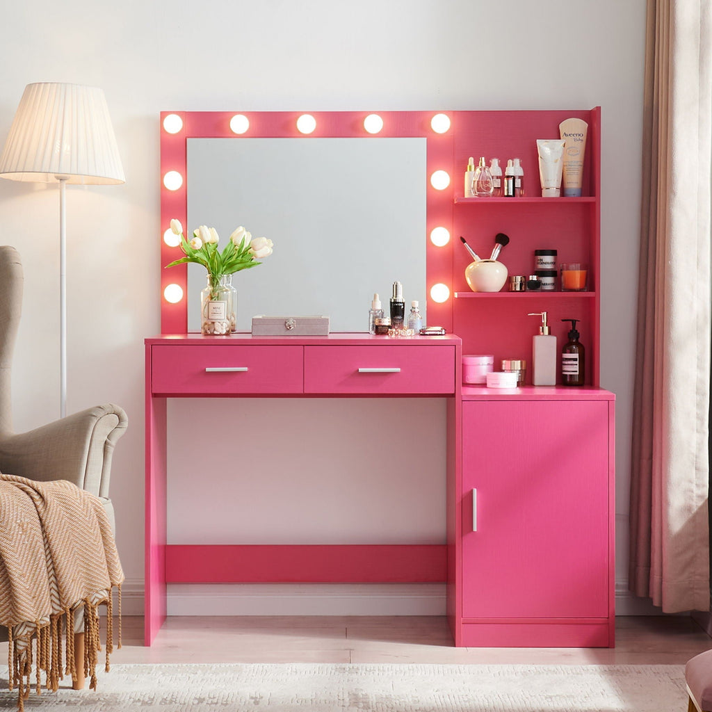Vanity Desk with Mirror and Adjustable LED Lights - Black or Pink