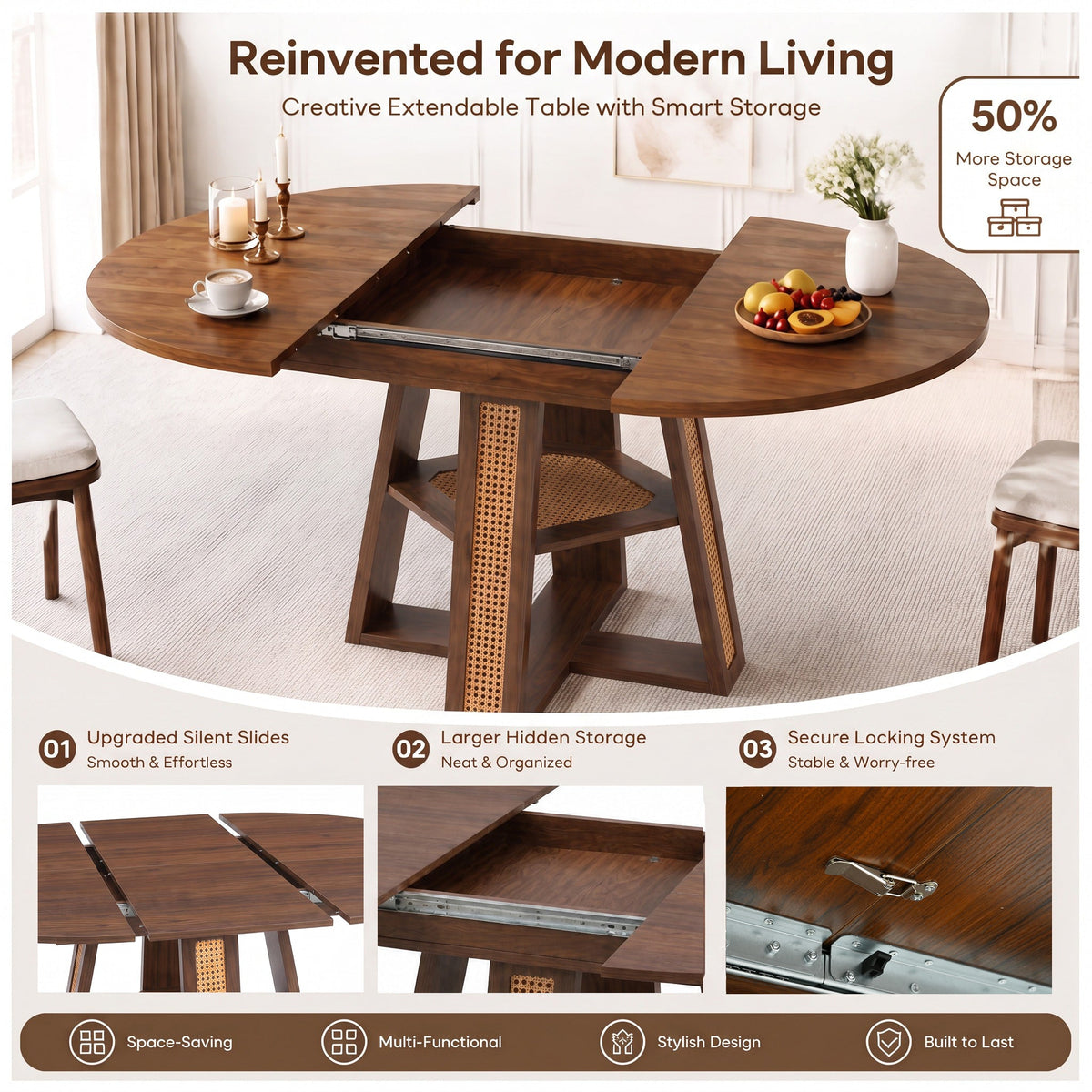 Extendable Round Dining Table for 4-6 with Storage Shelf - Particle Board