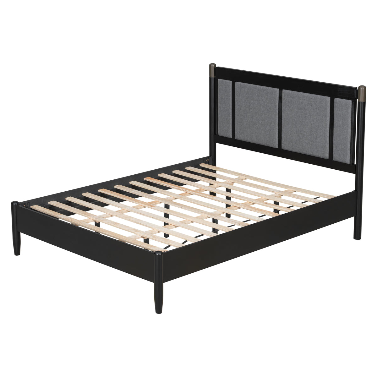 Solid Wood Queen Bed with 500 lbs Support and Fabric Headboard - Dark Grey