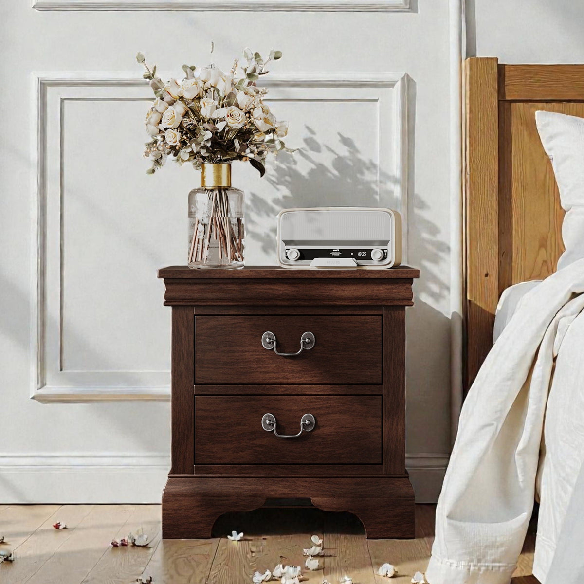 Wood Nightstand with 2 Drawers - Traditional Accent Table - White, Black, or Dark Brown