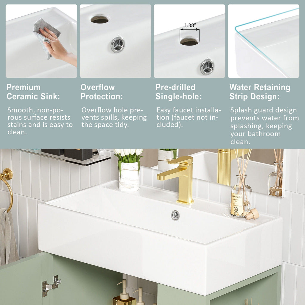 Bathroom Vanity with Single Ceramic Sink and Side Storage - Multiple Colors