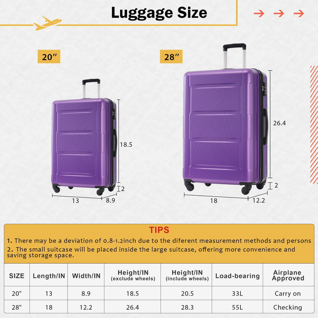 Expandable 2 Piece Luggage Set with TSA Lock and Spinner Wheels - Multiple Colors