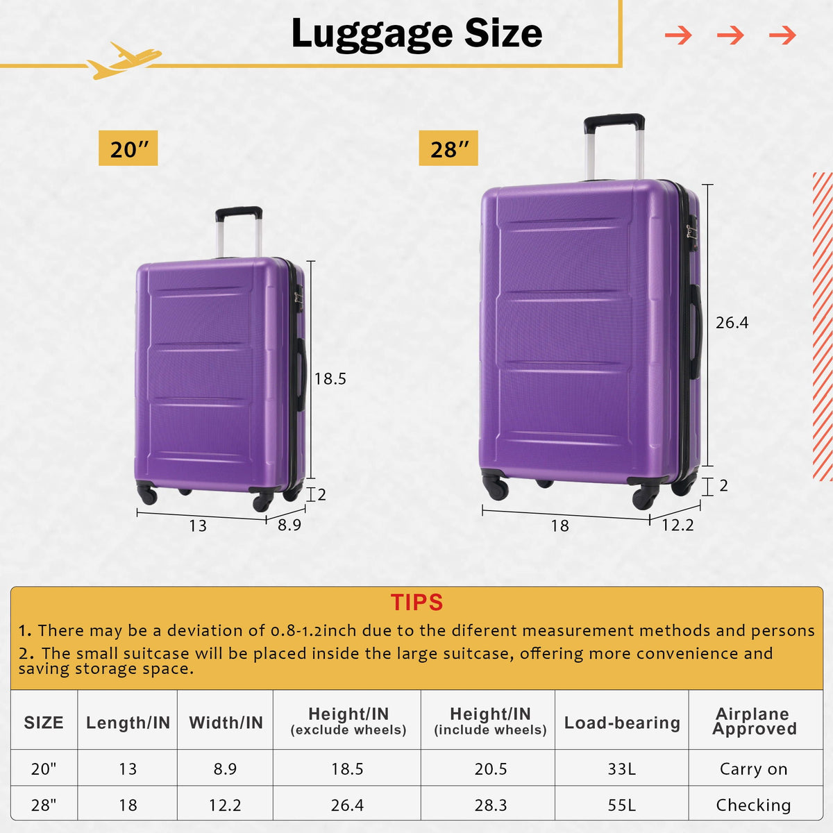Expandable 2 Piece Luggage Set with TSA Lock and Spinner Wheels - Multiple Colors