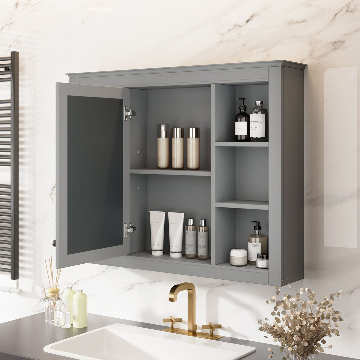 Wall Mounted Medicine Cabinet with Mirror and 6 Open Shelves - Multiple Colors