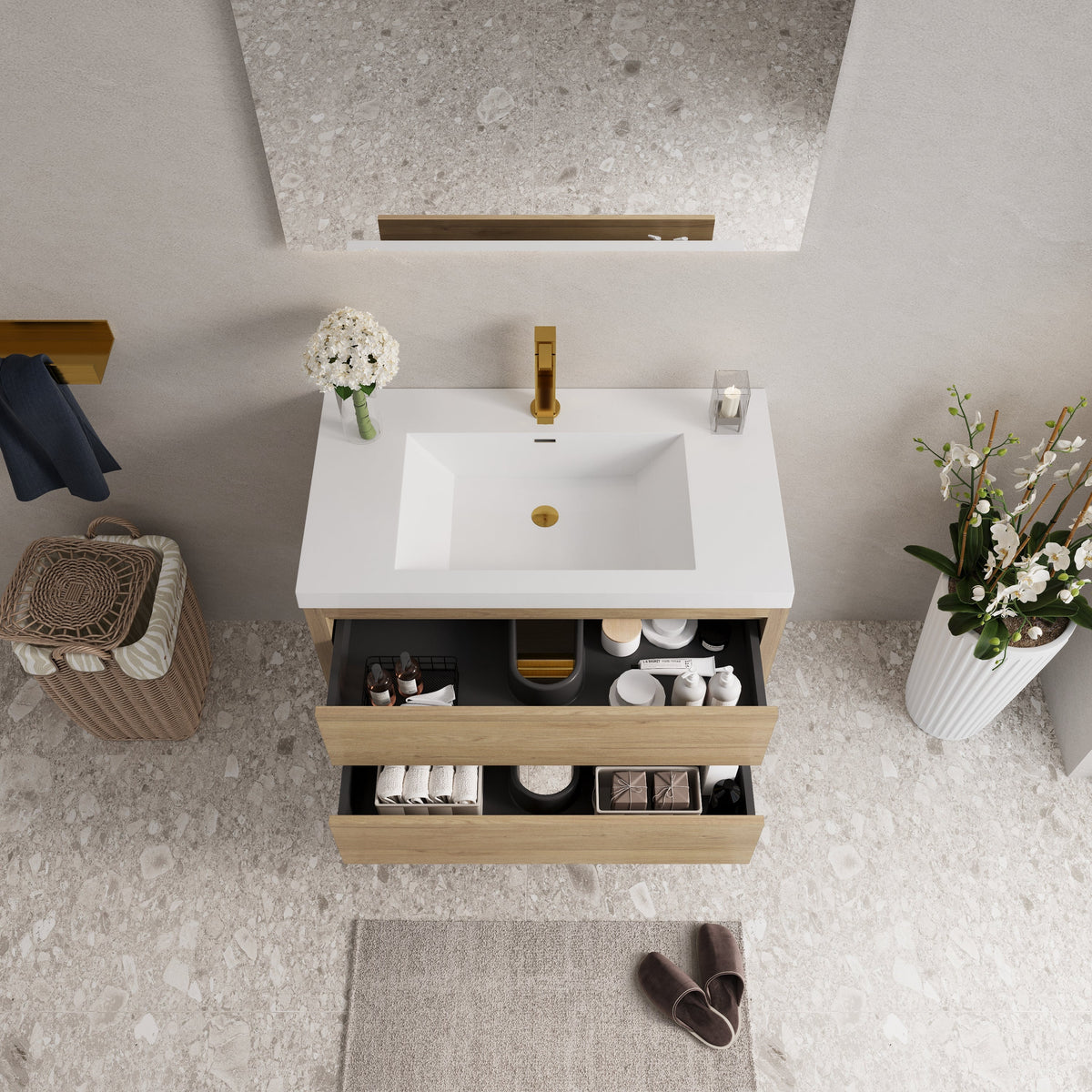 36" Wall-Mounted Bathroom Vanity with Stone Resin Sink - Modern Wood Finish