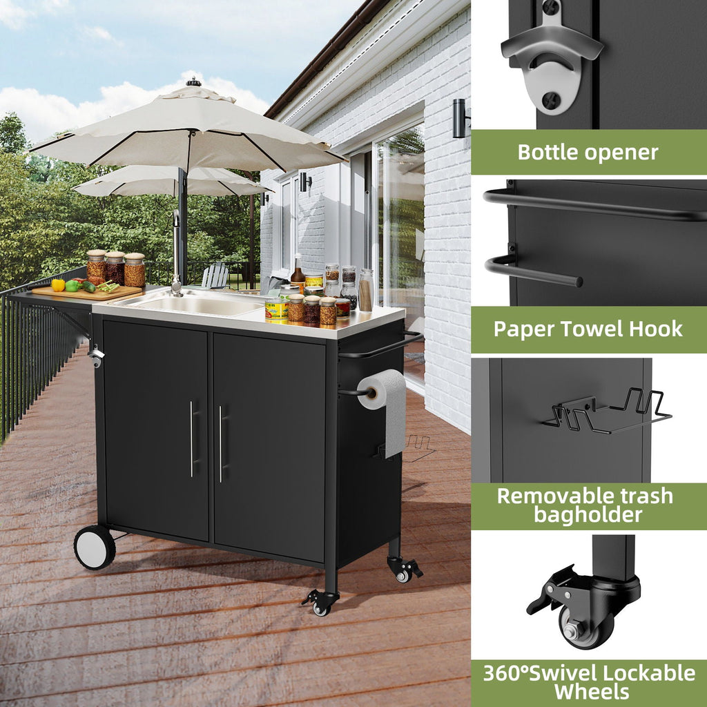 Outdoor Grill Table With Sink and Foldable Work Surface - Black