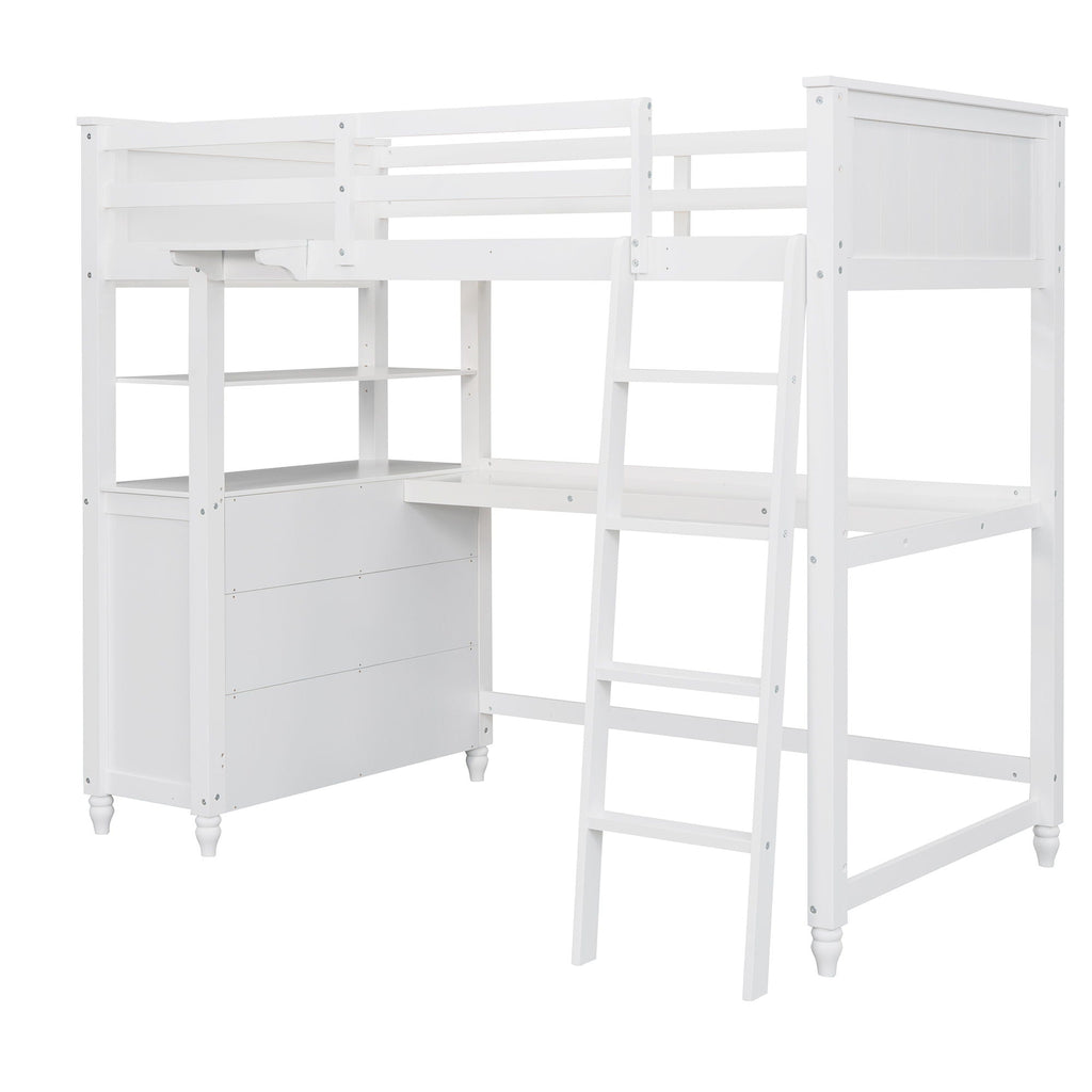 Twin Loft Bed with Drawers and Desk - White