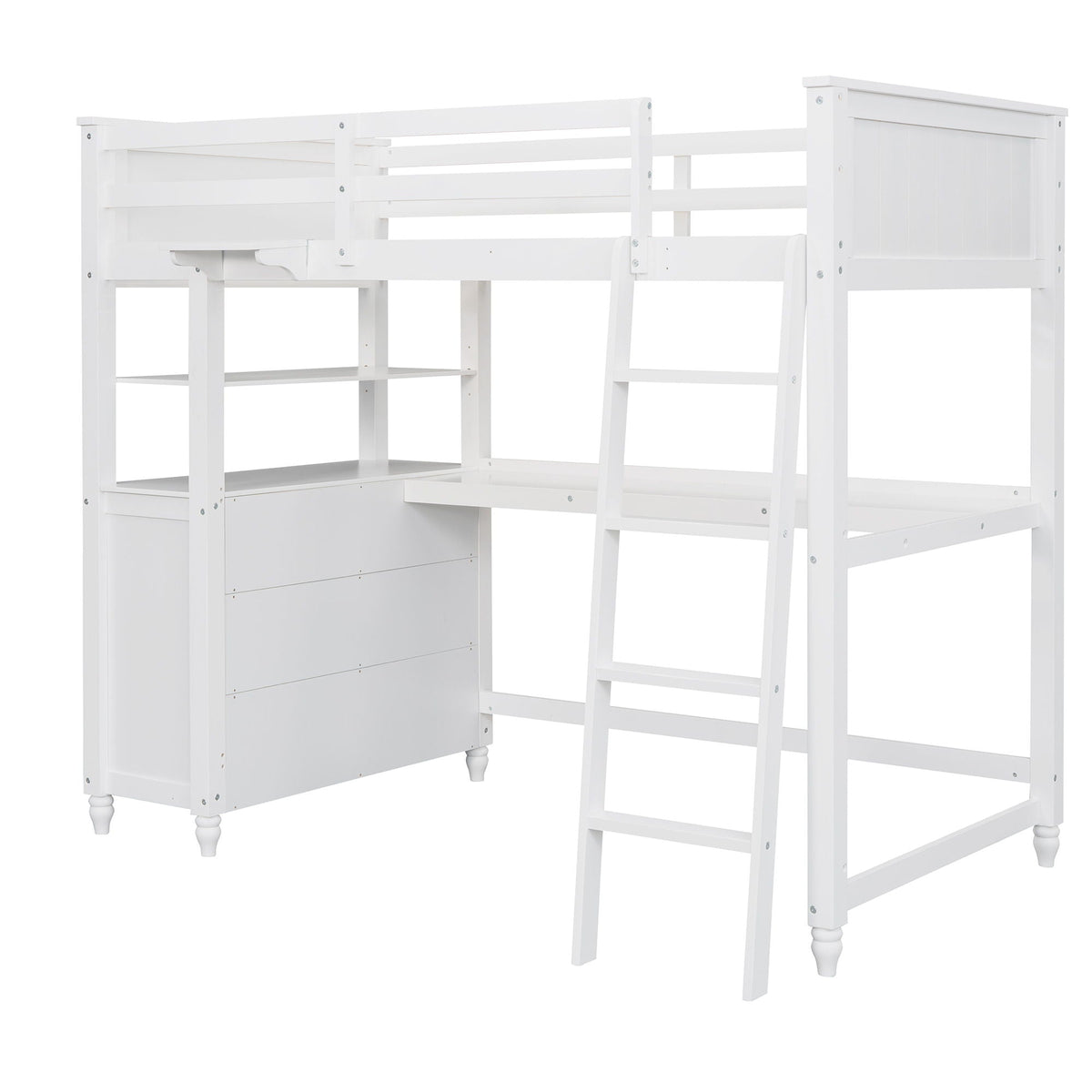 Twin Loft Bed with Drawers and Desk - White