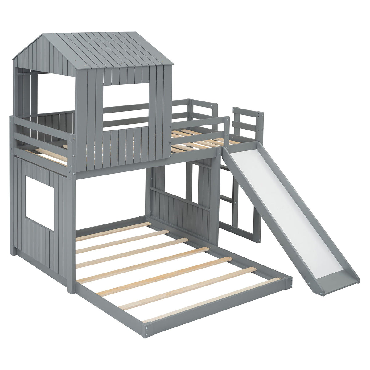 Loft Bunk Bed With Playhouse, Slide, and Guardrails - Twin Over Full