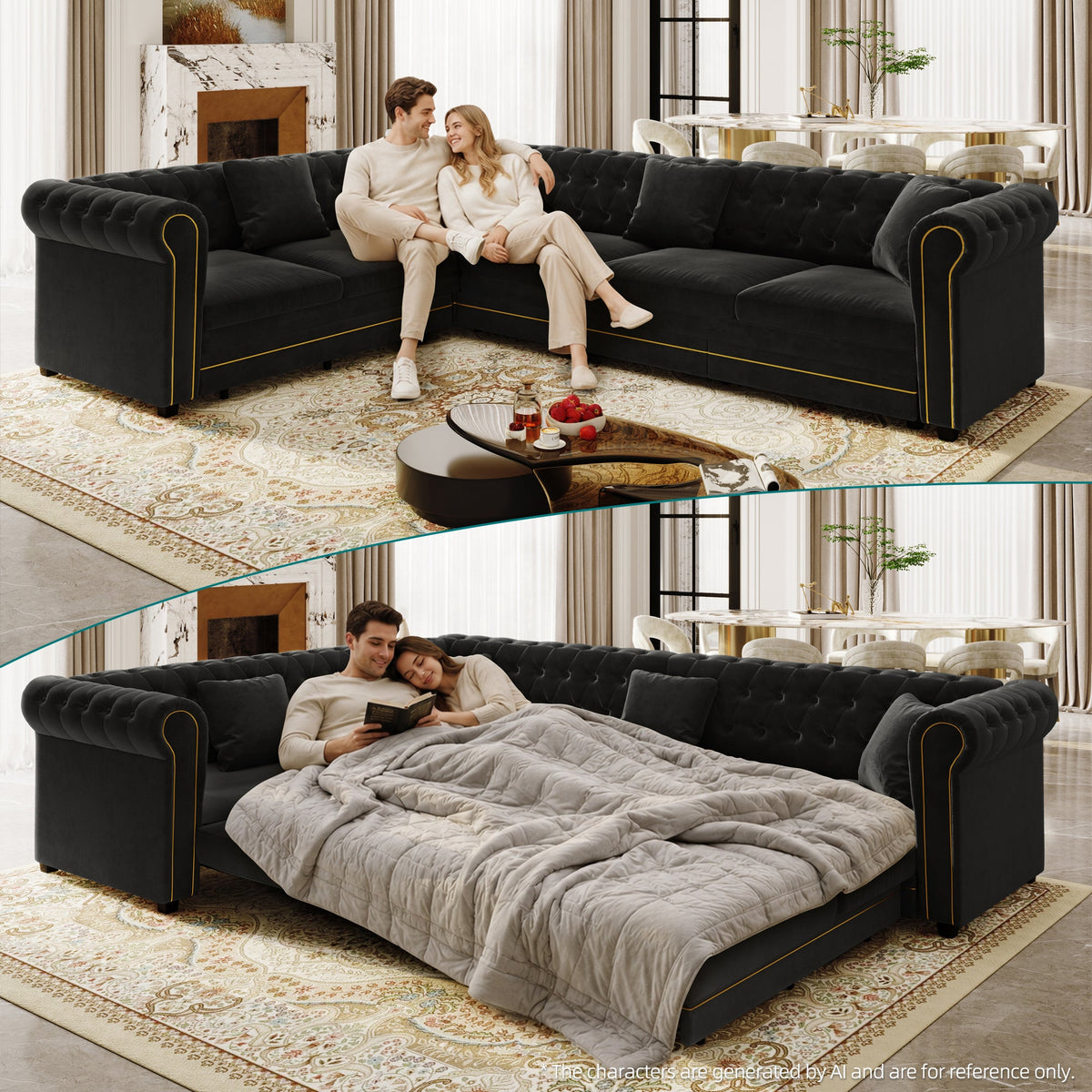L-Shaped Sofa Couch with Pull-Out Bed - Black Velvet