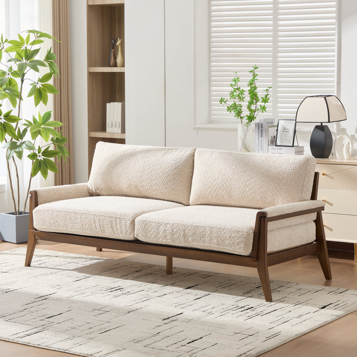 Mid-Century Modern Boucle Fabric Sofa with Solid Wood Frame