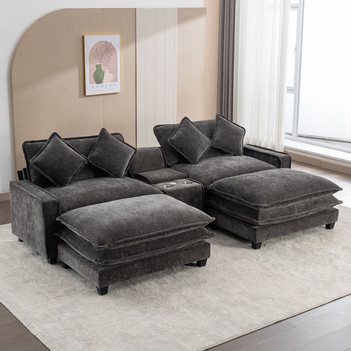 Modern Sectional Sofa with Removable Ottomans, USB Ports - Dark Gray or Light Blue
