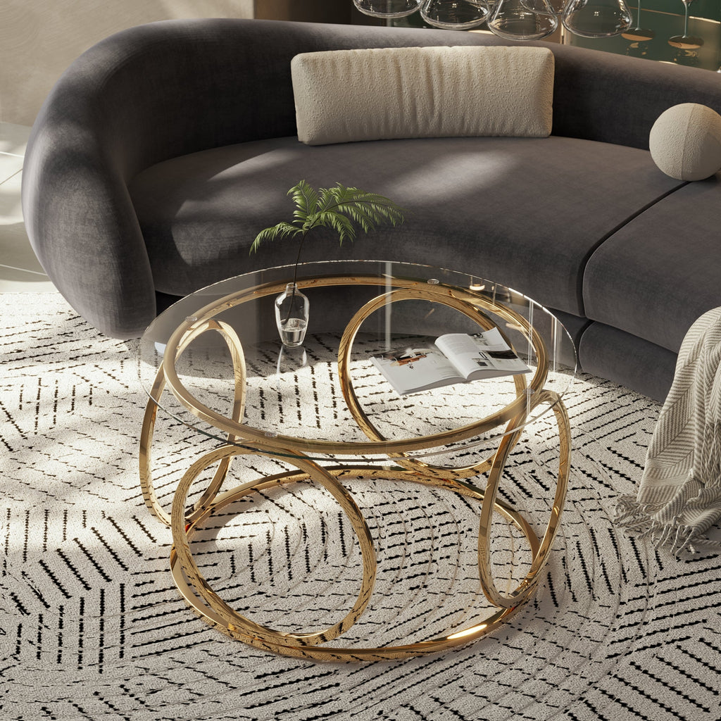 Modern Round Glass Top Coffee Table with Metal Frame - Gold