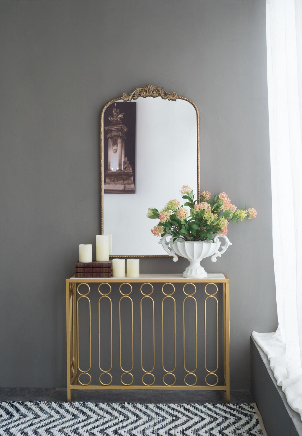 Baroque Inspired Arch Wall Mirror with Ornate Design - Gold or Black