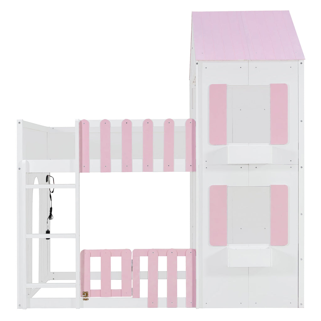 Full Over Full House Bunk Bed with Storage - Pink